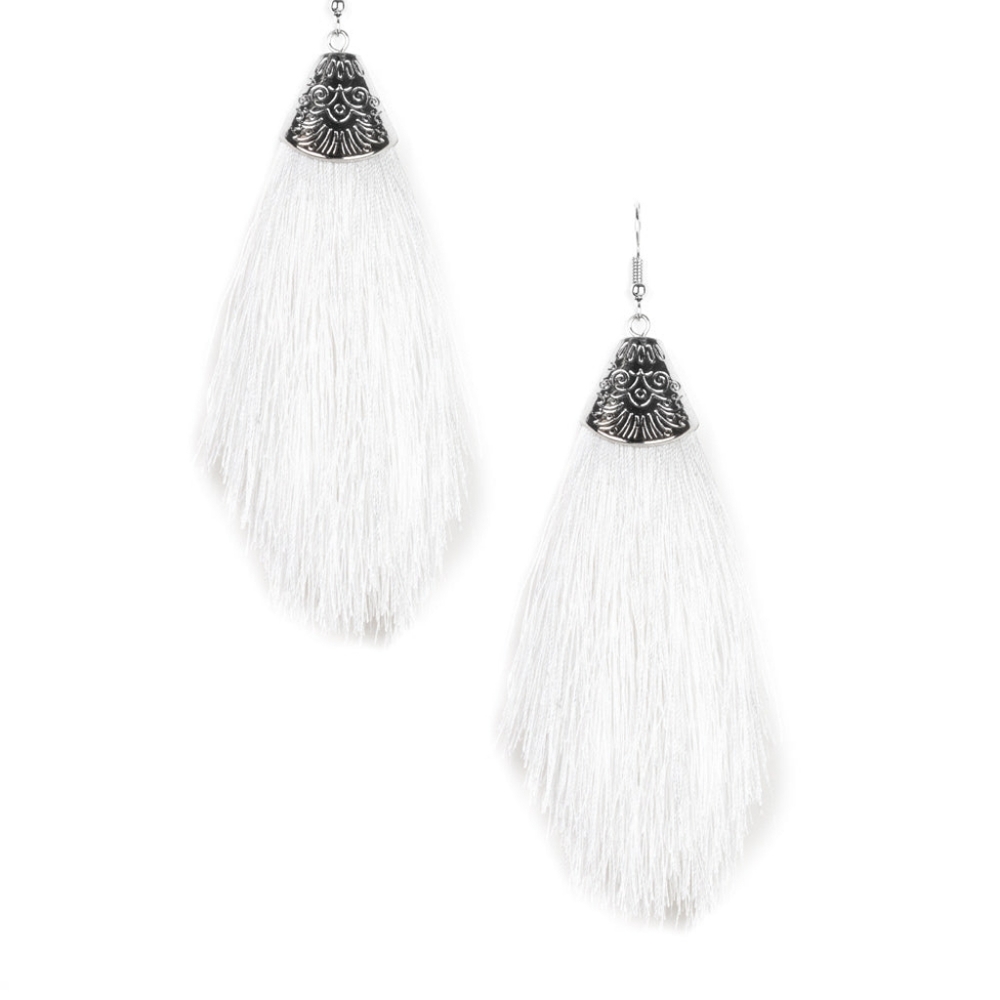 Stamped Silver White Tassel Earrings